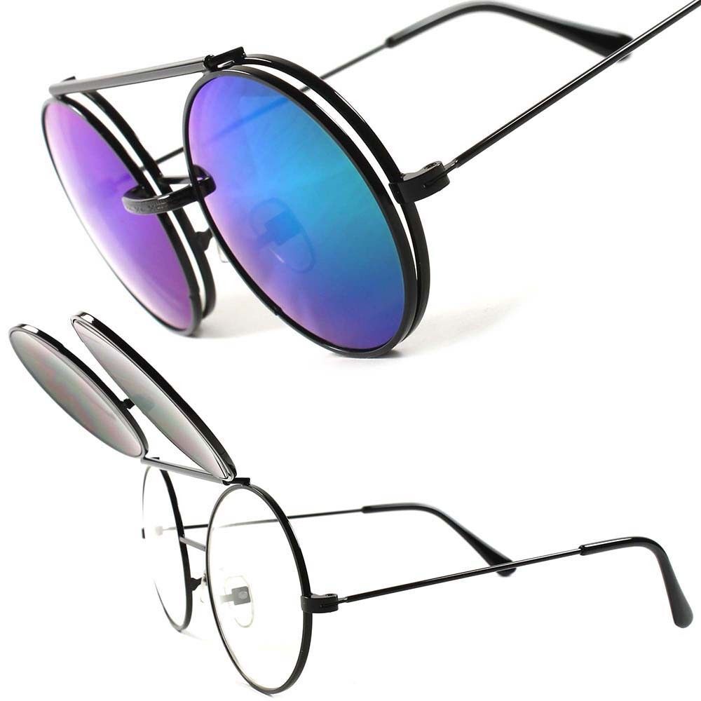 Black Retro Revival Eccentric Steampunk Flip-Up Sun Glasses Green Mirrored Lens